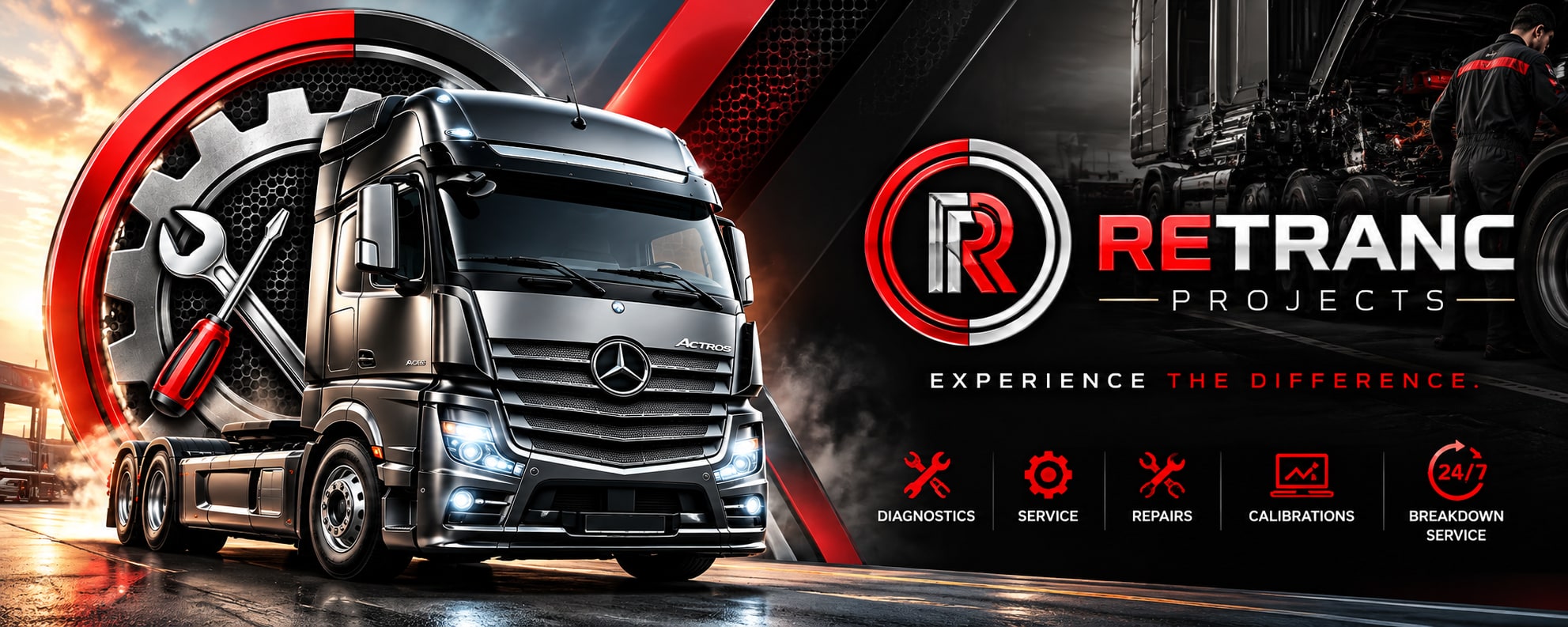 Retranc Projects branded truck artwork with logo, tagline and service details